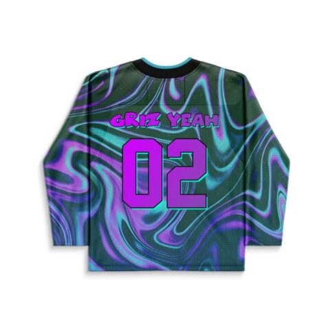 Purple liquid marble back view featuring cyan swirls, bold 02, and YEAH lettering