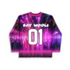 Pink synthwave energy jersey back with SAY WOOLI and 01, shown flat for festival apparel