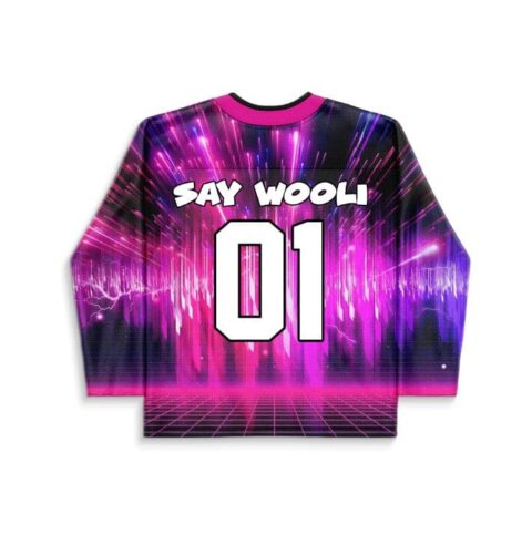 Pink synthwave energy jersey back with SAY WOOLI and 01, shown flat for festival apparel