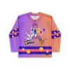 Purple coral retro bowling pattern jersey with pins, saxophone, and Funky Lanes text, front view