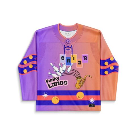 Purple coral retro bowling pattern jersey with pins, saxophone, and Funky Lanes text, front view