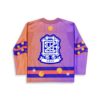 Purple coral bowling stripe pattern jersey, crest emblem and orange ball accents, back view