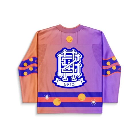 Purple coral bowling stripe pattern jersey, crest emblem and orange ball accents, back view