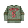 Sage abstract vegetable swirl jersey back with dripping “DROP IT” and number five, flat view