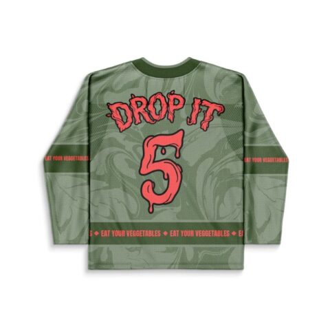 Sage abstract vegetable swirl jersey back with dripping “DROP IT” and number five, flat view