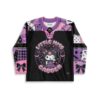 Kawaii goth patchwork rave jersey with “LITTLE MISS GABBER” graphic and cartoon-style character, front view