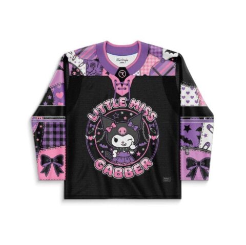 Kawaii goth patchwork rave jersey with “LITTLE MISS GABBER” graphic and cartoon-style character, front view