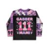 Kawaii goth patchwork rave jersey with “GABBER 111 MAMI” lettering and hearts, back view