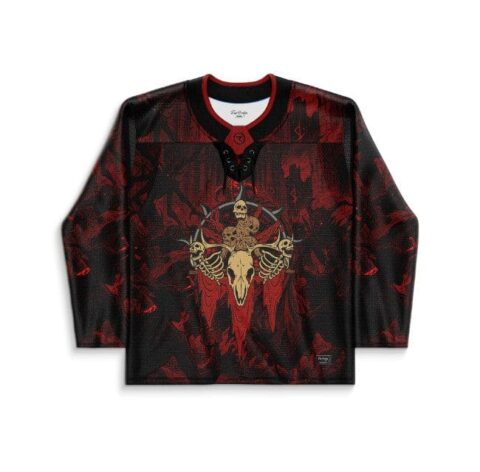 Red-black horned skull and skeleton design on a lace-up front, studio product view
