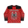 Red spiderweb-pattern hockey jersey back with white spider graphic and HEADBANGER text, isolated on white