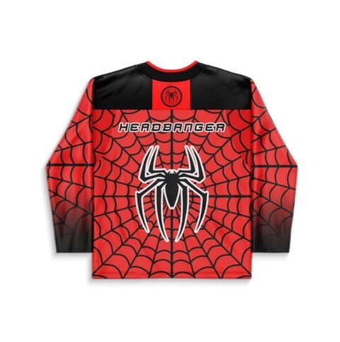 Red spiderweb-pattern hockey jersey back with white spider graphic and HEADBANGER text, isolated on white