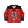 Red spiderweb-pattern hockey jersey front, bold white spider graphic, lace-up collar, isolated on white