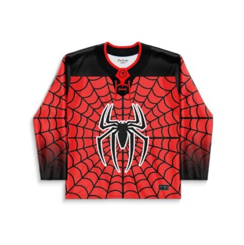 Red spiderweb-pattern hockey jersey front, bold white spider graphic, lace-up collar, isolated on white