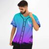 Model wearing the Illenium fan teal-purple gradient phoenix rave baseball jersey with black piping and tropical skyline artwork, model front