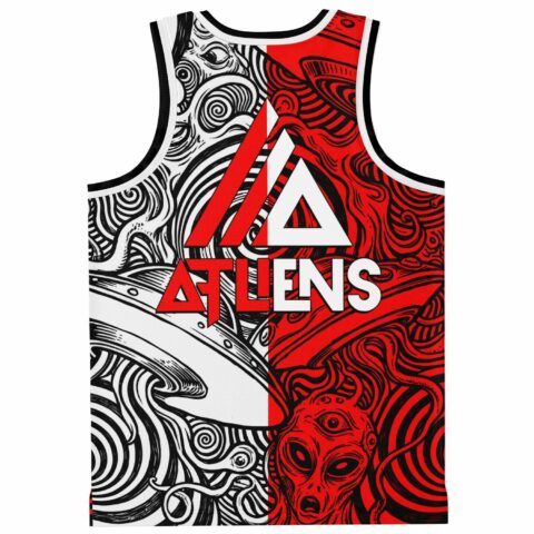 Back view of red and white psychedelic swirl design with alien illustration and ATLiENS text