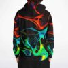 Liquid swirl pattern modeled hoodie back view showing fiery red bands and neon green-blue marbling