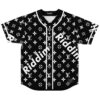 Black repeating monogram-style floral pattern jersey with white Ridim lettering, front view on white background