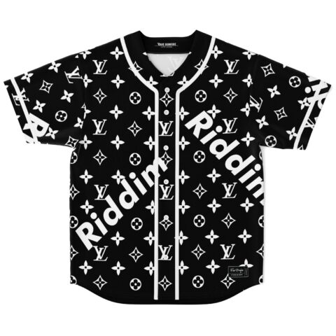 Black repeating monogram-style floral pattern jersey with white Ridim lettering, front view on white background
