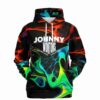 Neon Acid Trip liquid swirl hoodie front view with JOHNNY WONTONS text and colorful marbling