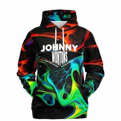 Neon Acid Trip liquid swirl hoodie front view with JOHNNY WONTONS text and colorful marbling