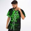 Model wearing black glowing biohazard pattern with white piping and ERUDITE chest text