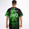 Model wearing back of glowing green biohazard pattern jersey with ERUDITE and 140 graphics
