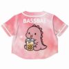 Cute dinosaur and bubble tea graphic on a pink tie-dye rave cropped baseball jersey