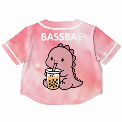 Cropped baseball jersey with cute dinosaur and bubble tea graphic on pink tie-dye