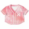 V-neck rave cropped baseball jersey with a soft pink gradient and sparkle accents