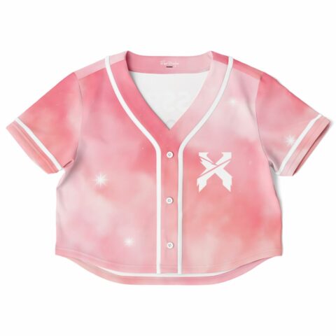V-neck cropped baseball jersey with soft pink gradient and sparkle accents