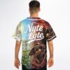 Model wearing a Nyte Lyte heaven-and-hell collage jersey showing the illustrated back view