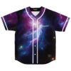 Cosmic nebula baseball jersey front with white piping, buttons, and ERUDITE chest lettering