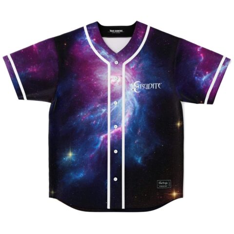 Cosmic nebula baseball jersey front with white piping, buttons, and ERUDITE chest lettering