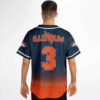Model in navy Mountain Range jersey with orange sunset fade, number 3, rear festival styling
