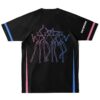 Solomun fan rave soccer jersey, back view: black with four pink-to-blue dancing line figures and a white wordmark down one sleeve