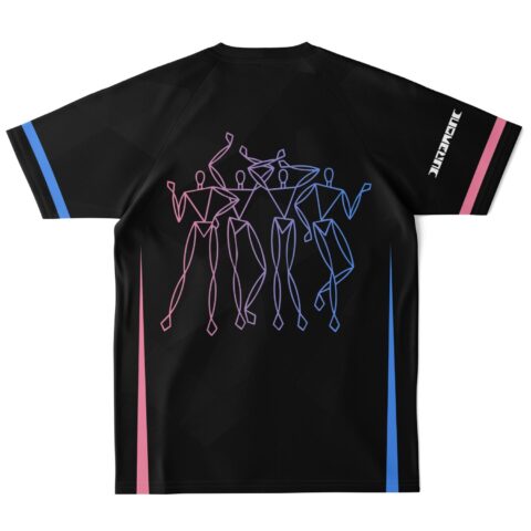 Back view of soccer jersey with abstract line figures in pink and blue