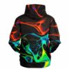 Liquid swirl pattern hoodie back view with fiery red bands and neon green-blue marbling