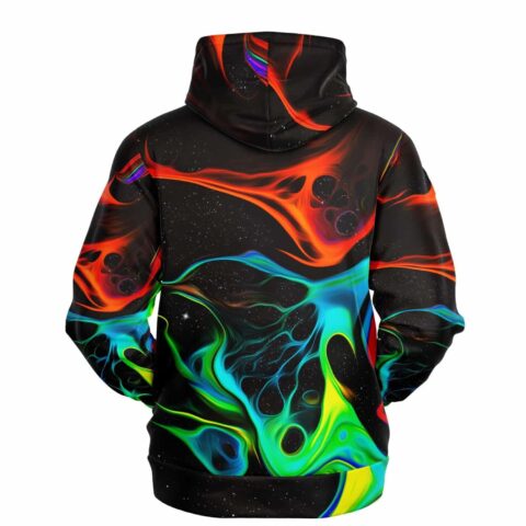 Liquid swirl pattern hoodie back view with fiery red bands and neon green-blue marbling