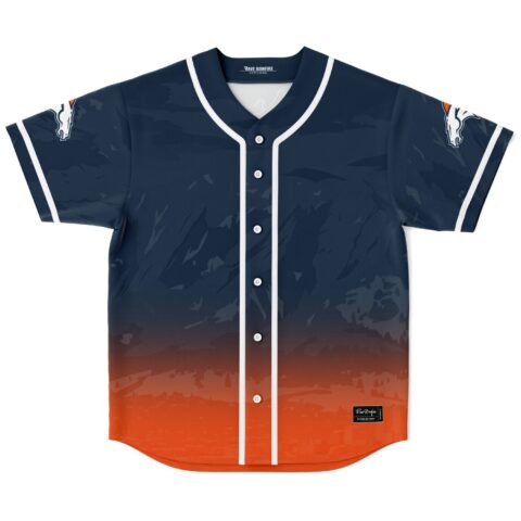 Navy Mountain Range jersey with orange sunset gradient and white piping, front view
