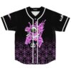 Pink melting cartoon creature with a green eye over purple cube pattern, front view