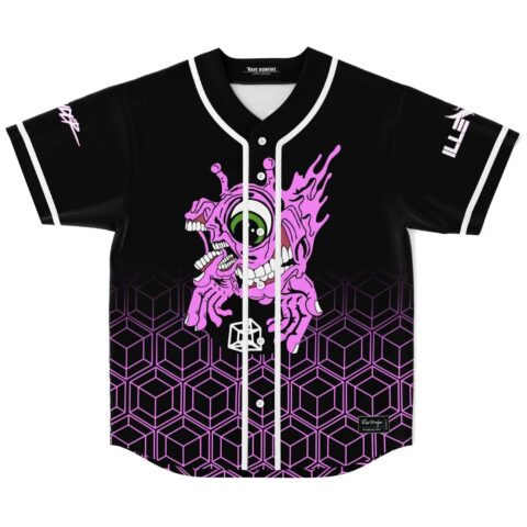 Pink melting cartoon creature with a green eye over purple cube pattern, front view