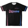 Solomun fan rave soccer jersey, front view: black with pink-to-blue Solomun and Coachella lettering and pink and blue side stripes