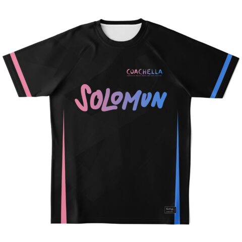 Black soccer jersey with colorful text and diagonal stripe pattern