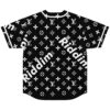 Black repeating monogram-style floral pattern jersey, oversized white Ridim lettering, back view, white background