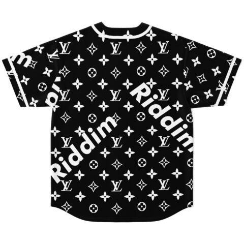 Black repeating monogram-style floral pattern jersey, oversized white Ridim lettering, back view, white background
