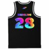 Black jersey back with vibrant abstract 28 lettering and geometric emblem, studio product view