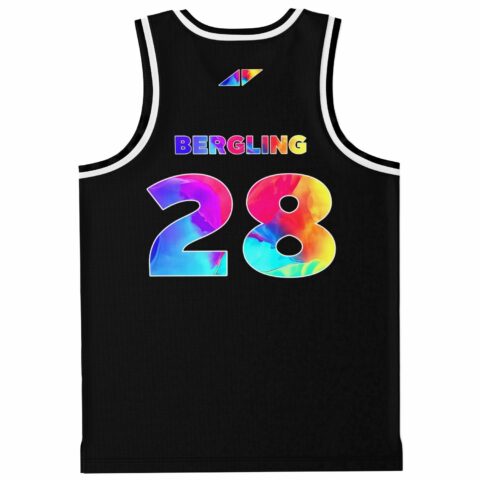 Black jersey back with vibrant abstract 28 lettering and geometric emblem, studio product view