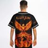 Flaming phoenix jersey with full back phoenix artwork, worn from the rear in studio