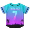 Illenium fan neon teal-to-purple sunset cityscape rave baseball jersey with palm silhouettes and custom name and number, back view