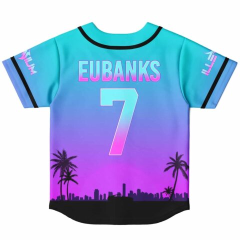 Neon teal-to-purple sunset cityscape jersey back with palm silhouettes, EUBANKS text, and number 7